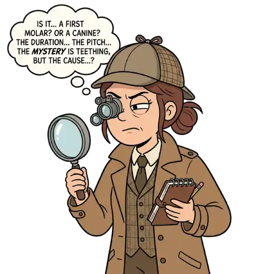 Illustration of a mom dressed as a detective, holding a magnifying glass, symbolizing the challenge of distinguishing teething symptoms from other illnesses.