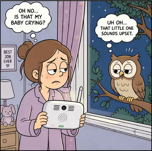 Illustration of a mom holding a baby monitor in the middle of the night, looking tired and concerned and talking with a owl outside the window, symbolizing the night time and the struggle of teething at night.