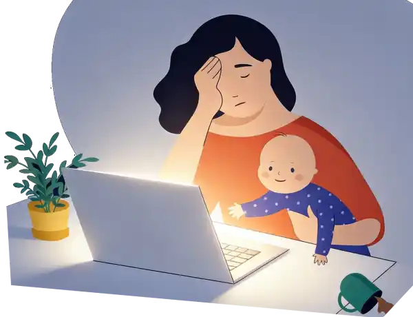 Illustration of a mom sitting in front of a laptop in the middle of a night with a toddler on her lap, looking exhausted.