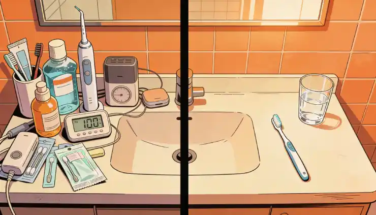 Illustration of a messy bathroom sink contrasted with a clean, organized setup with a toothbrush and a glass of water, representing the difference between complicated routines and basic dental care.