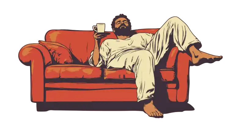 Illustration of a man relaxing on a sofa, representing a stress-free approach to adult dental health.