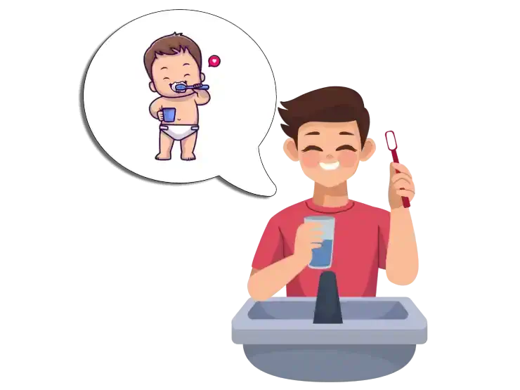 Illustration of teenager brushing teeth with a cloud of remembering when he was a baby and brushing his teeth