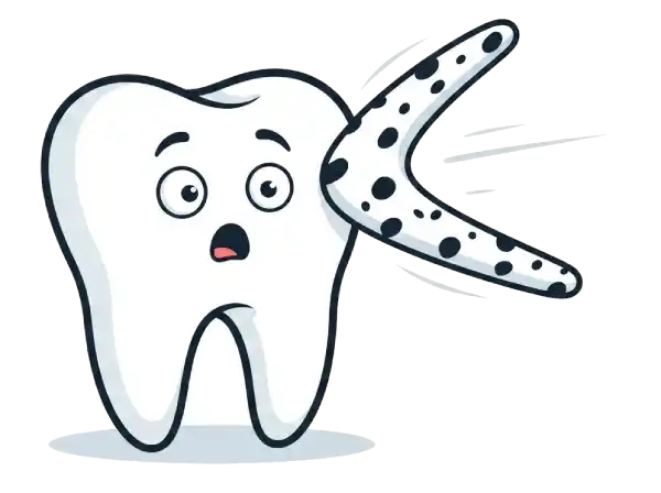 Illustration of a tooth that is white and the boomerang with a black stain on it, showing that the black stain will come back after cleaning.