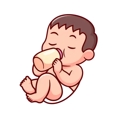 Illustration of a baby with a bottle in mouth