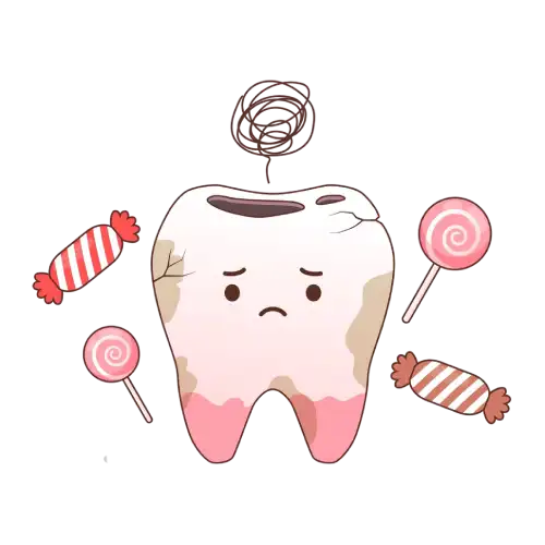 Illustrations of a tooth with a sad expression, rounded with candies