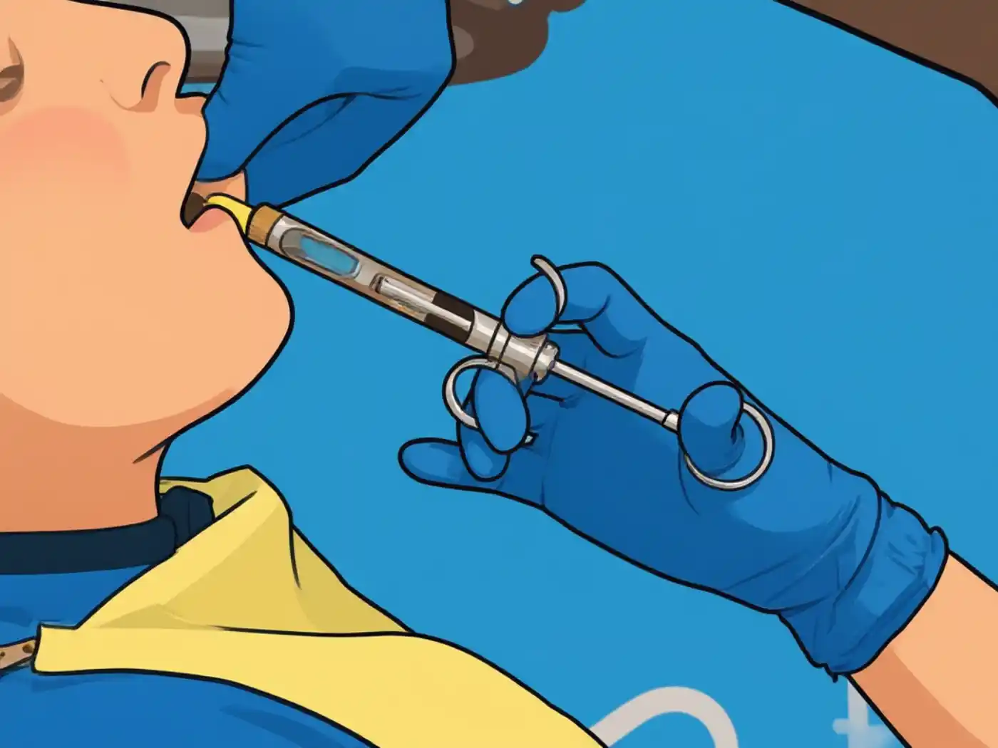 Illustration showing the a patient with a open mouth and dental injection approaching the upper molars in the side view.
