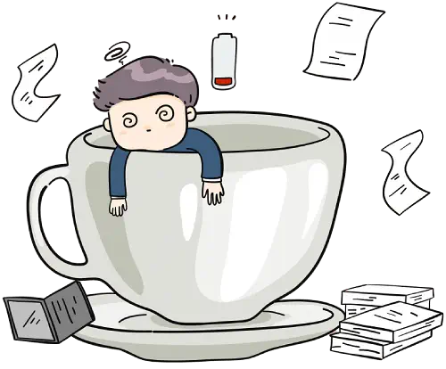 Fictional tea cup with a man inside of it that is stressed out
