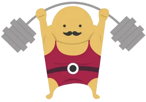 Illustration of a man with a mustache holding a weight bar above his head exercising