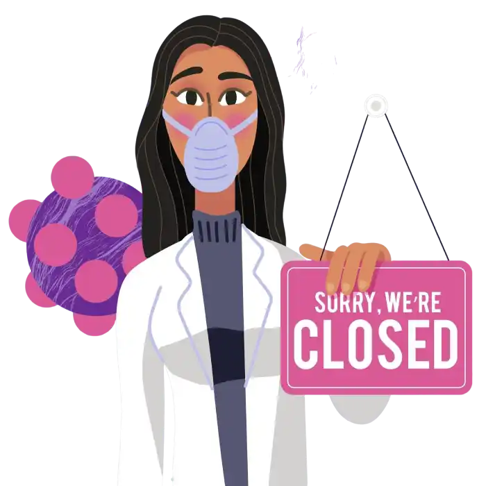 Illustration of a female pharmacist holding a closed pharmacy sign
