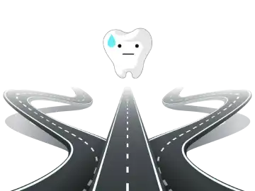 Illustration of a tooth with a worried expression standing at a crossroads, pondering whether to get a dental crown or not.