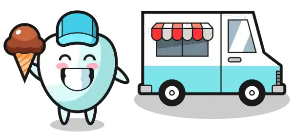 Illustration of a tooth holding an ice cream in front of a ice cream truck.