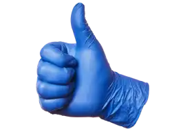 Thumbs up with blue dental gloves
