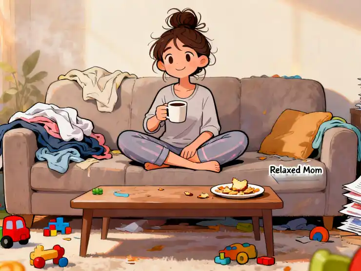 Illustration of a relaxed mother sitting calmly on the couch with a mug in her hand, in a room full of mess and toys, symbolizing a relaxed approach to thumb sucking.