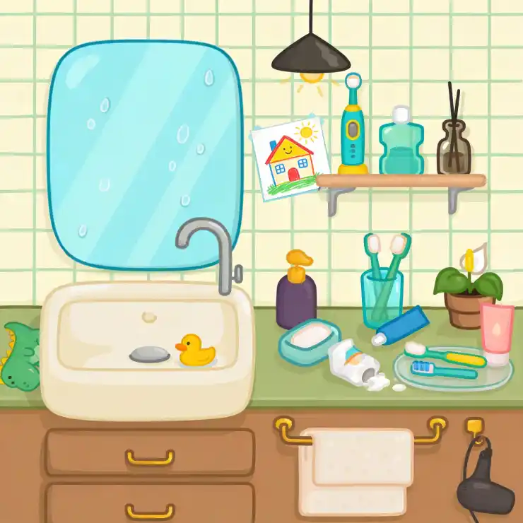 Illustration of a bathroom mirror left in a mess with toothpaste splattered around, toothbrushes out of place, toys laying around
