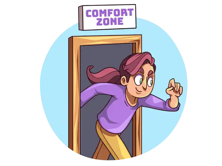 Illustration of a woman walking through a door labeled 'Comfort Zone'.