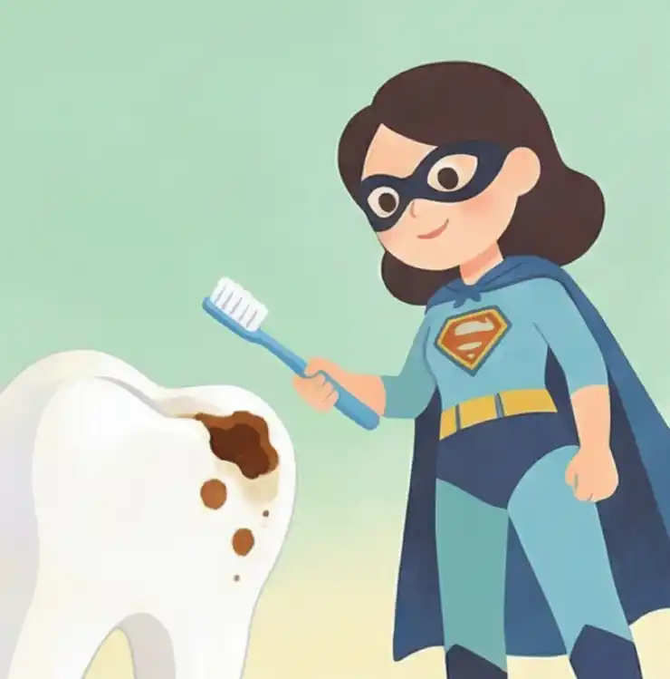 Illustration of a mother dressed as a superhero holding a toothbrush, standing confidently against a decayed tooth.