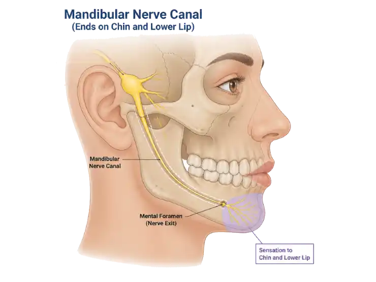 Illustration showing the anatomy of the mandibular nerve in relation to the lower wisdom teeth and lower lip and chin.