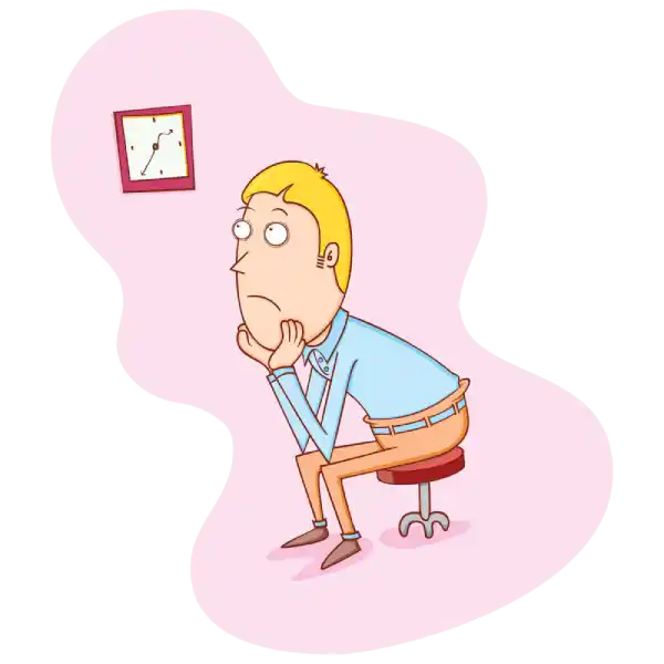 Illustration of a man sitting on the chair while looking at the clock and waiting, referencing the time as a best cure for numbed lip and chin.