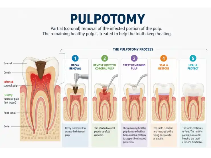 Illustration showing a pulpotomy procedure and which part of the tooth is affected.