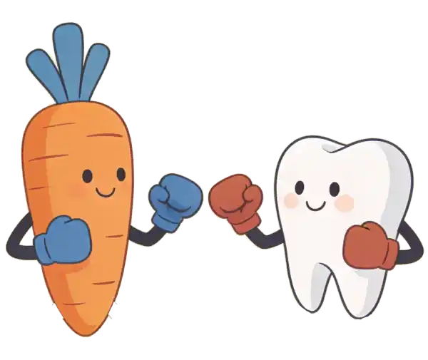 Illustration showing tooth and carrot in a friendly boxing match, representing the advice to encourage the baby tooth to loosen.