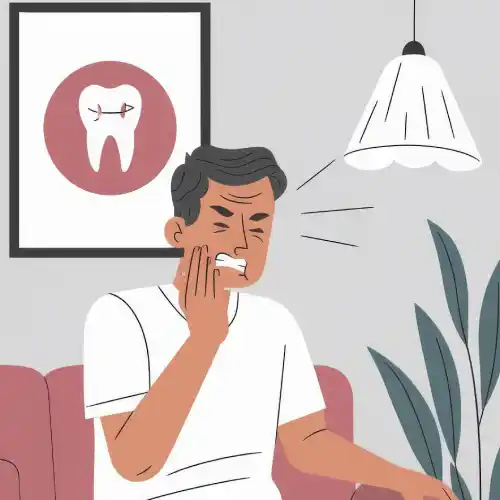 Illustration of a men sitting on a couch holding his cheek suffering from toothache