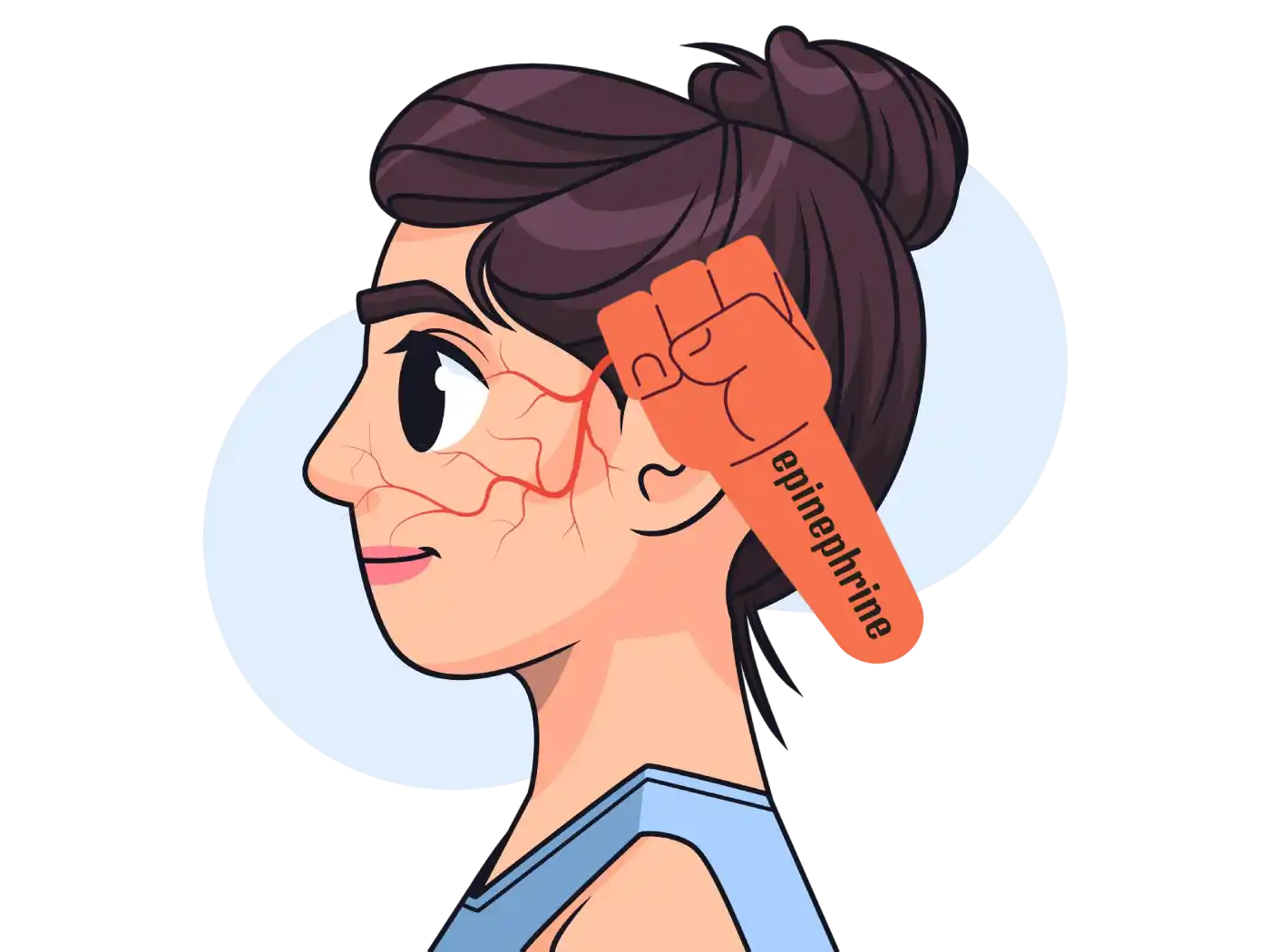 Illustration showing the effect of epinephrine on blood vessels by seeing the upper jaw artery path on the face of a woman side view.