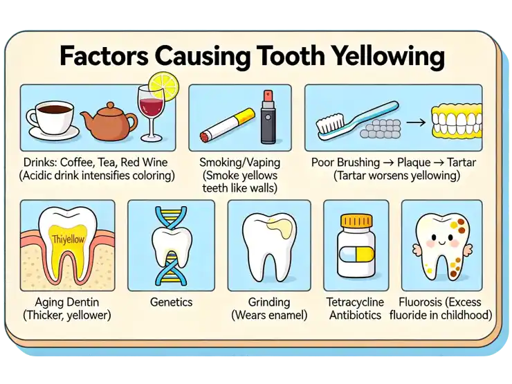 Illustration of a tooth with labels pointing to various causes of yellowing, such as drinks, smoking, poor brushing technique, aging, genetics, grinding, certain medications, fluorosis, trauma, acidic diet, mouth breathing, and previous dental work.