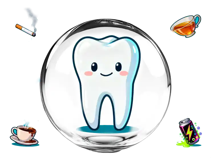 Illustration of a tooth standing in a glass bubble shield, surrounded by icons of cigarette, tea, coffee, energy drink, 
representing the concept of protecting teeth from stains caused by these substances.