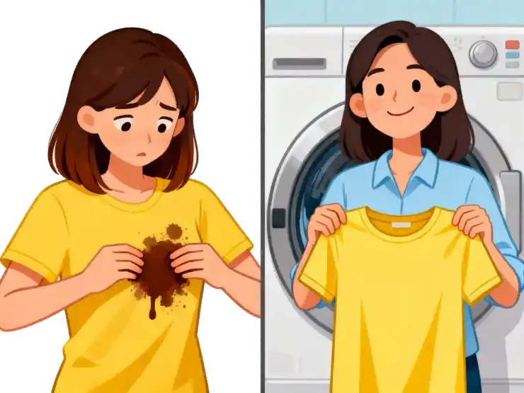 Illustration of a girl holding a yellow shirt with a brown stain on the left, and on the right holding the same shirt after washing, 
representing the concept that brushing removes surface stains but does not change the natural color of teeth.
